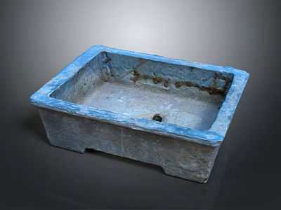Vintage Stone Square Basin With Blue Edges And Bottom Drainage Hole 3d model