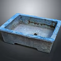 Vintage Stone Square Basin With Blue Edges And Bottom Drainage Hole