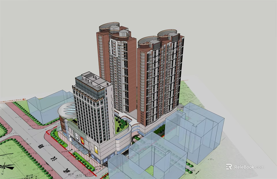 3D Model of High Rise Residential Buildings with Commercial Structure and Road Greenery 3d model 