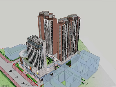 3D Model of High Rise Residential Buildings with Commercial Structure and Road Greenery 3d model
