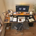 Modern Home Office Desk With Computer Monitor Digital Clock Lamp And Organized Supplies