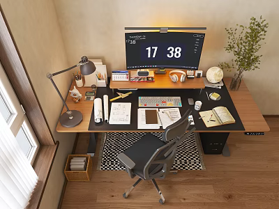 Modern Home Office Desk With Computer Monitor Digital Clock Lamp And Organized Supplies 3d model