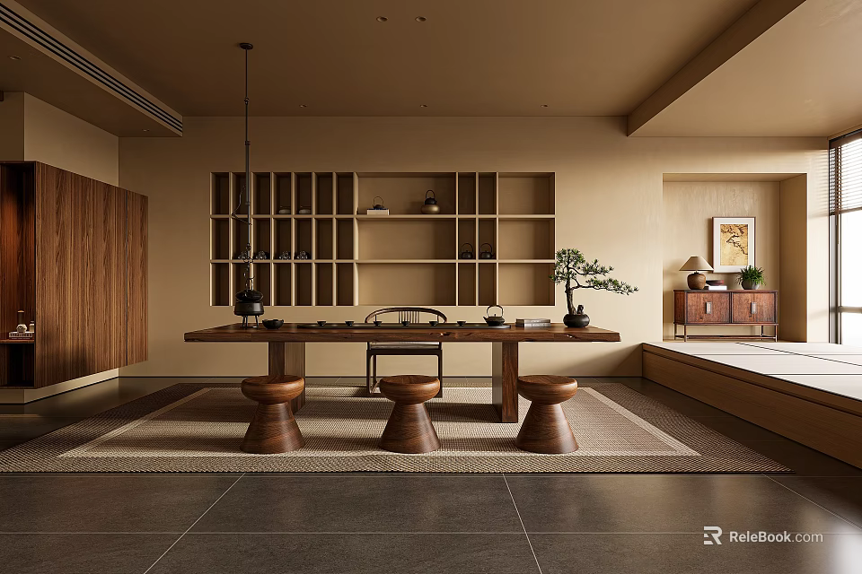 Cozy Tea Room Interior With Wall Shelves Long Wooden Table Stools And Rug 3d model 