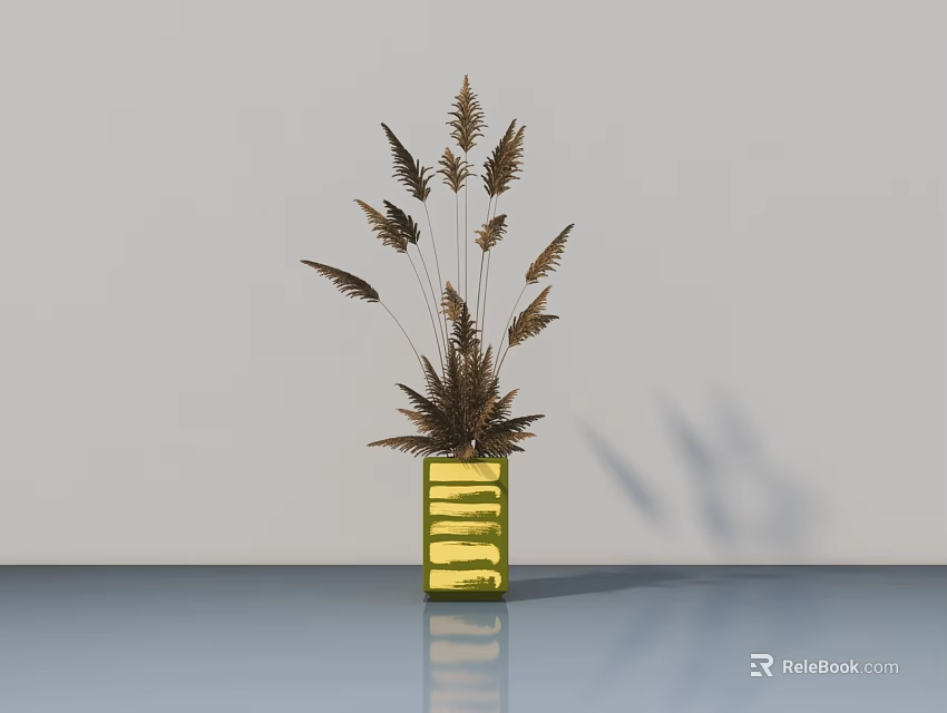 Yellow Vase With Dried Brown Flowers On Smooth Surface Against White Wall 3d model 