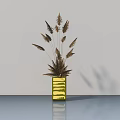 Yellow Vase With Dried Brown Flowers On Smooth Surface Against White Wall