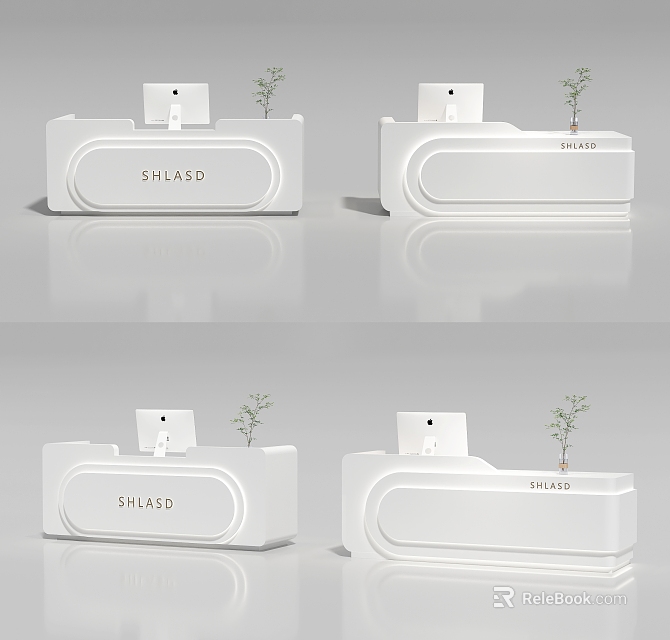 Elegant Modern Shop Front Desk Design With White Finish Small Plant And Monitor 3d model 