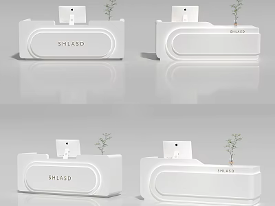 Elegant Modern Shop Front Desk Design With White Finish Small Plant And Monitor 3d model
