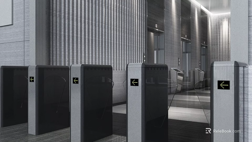 Elegant Modern Hotel Lobby Interior With Gray Striped Walls Elevator Doors And Glass Partitions 3d model 