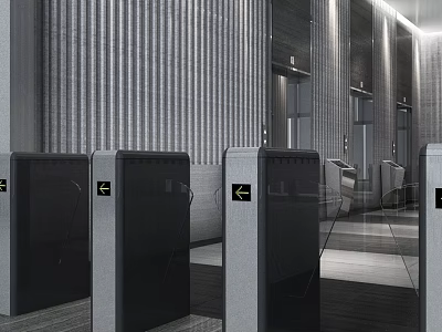 Elegant Modern Hotel Lobby Interior With Gray Striped Walls Elevator Doors And Glass Partitions 3d model
