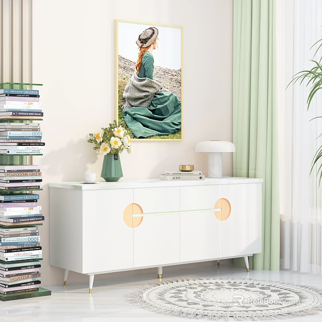 Bright Entryway Nook Featuring White Console Cabinet Green Vase Flowers Lamp Books Painting And Plant 3d model 