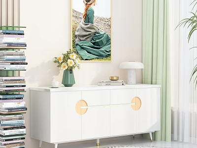 Bright Entryway Nook Featuring White Console Cabinet Green Vase Flowers Lamp Books Painting And Plant 3d model