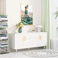 Bright Entryway Nook Featuring White Console Cabinet Green Vase Flowers Lamp Books Painting And Plant