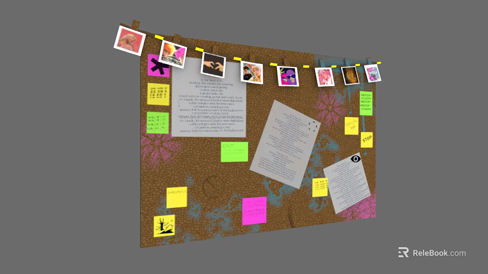 Corkboard with Colorful Sticky Notes Photos Papers and Decorative Patterns 3d model 