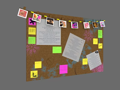 Corkboard with Colorful Sticky Notes Photos Papers and Decorative Patterns 3d model