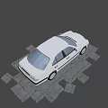 Shiny Classic White Sedan Featuring Black Stripes On Gray Stone Pavement