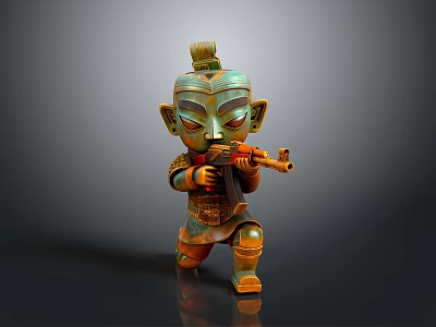 Traditional Armored Sculpture With Green Orange Glaze Kneeling Holding Modern Rifle 3d model