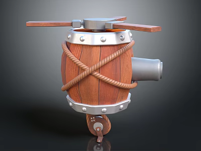 Decorative Vintage Wooden Barrel Plane with Propeller Metal Parts Rope Bindings and Wheels 3d model