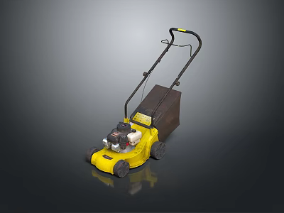 Yellow Gas Powered Lawn Mower With Black Handle And Wheels For Grass Cutting 3d model