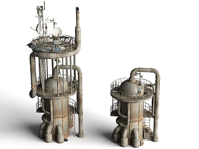 Dual Industrial Metal Tower Structures With Pipes Platforms And Round Tops 3d model