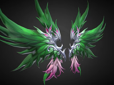 Flying Animal With Green And Pink Feathered Wings Featuring Silver Decorations 3d model