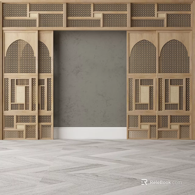 Wooden Sliding Doors With Lattice Design In Interior Space Gray Wall And Wooden Floor 3d model 