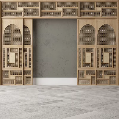 Wooden Sliding Doors With Lattice Design In Interior Space Gray Wall And Wooden Floor 3d model