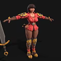 Woman Warrior in Red Outfit with Gold Armor Accents and Arms Outstretched Holding Sword