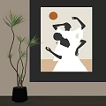 Modern Abstract Painting Featuring Two Dancing Black Silhouettes Orange Circle White Beige Background