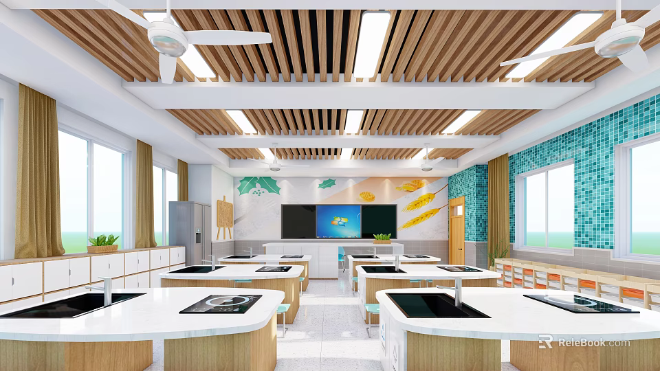 School Science Lab With White Tables Black Sinks Wooden Ceiling And Bright Lighting 3d model 