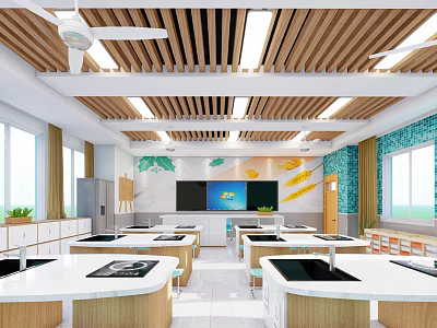 School Science Lab With White Tables Black Sinks Wooden Ceiling And Bright Lighting 3d model