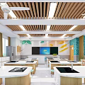 School Science Lab With White Tables Black Sinks Wooden Ceiling And Bright Lighting