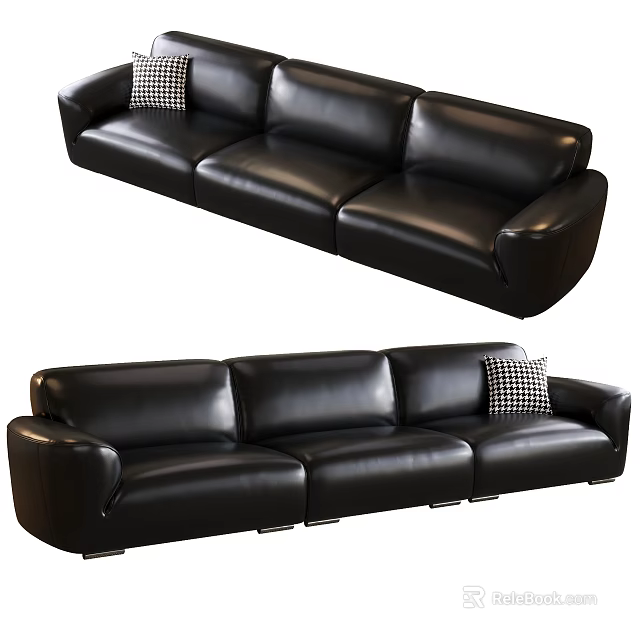 Modern Large Black Leather Sectional Sofa with Checkered Decorative Pillow 3d model
