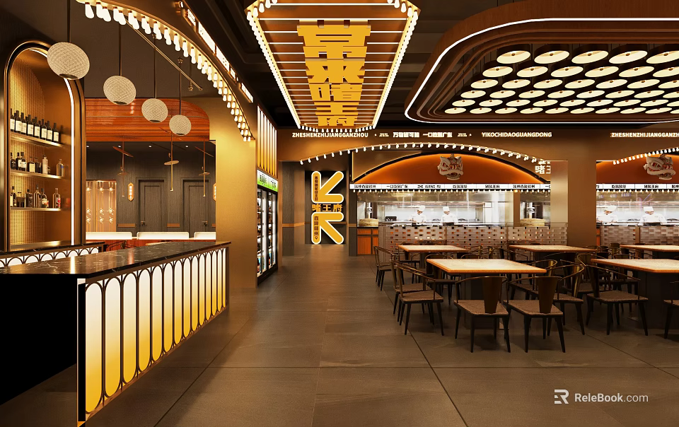 Modern Restaurant Interior Design With Stylish Lighting Tables Chairs And Bar Counter 3d model 