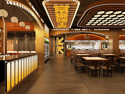 Modern Restaurant Interior Design With Stylish Lighting Tables Chairs And Bar Counter 3d model