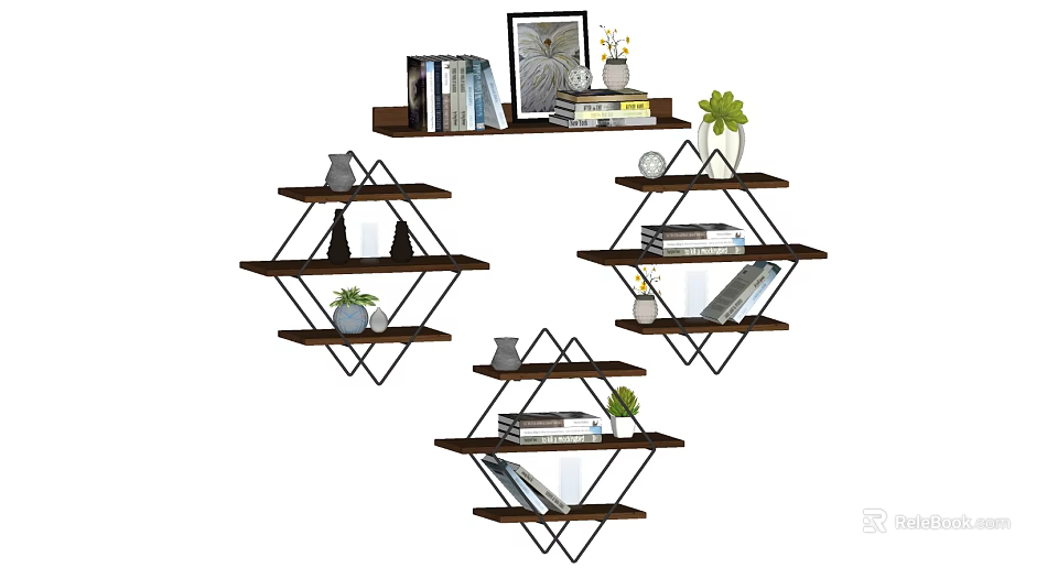 Modern Geometric Wall Shelves With Books Decorative Items And Green Plants 3d model 