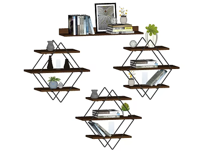 Modern Geometric Wall Shelves With Books Decorative Items And Green Plants 3d model