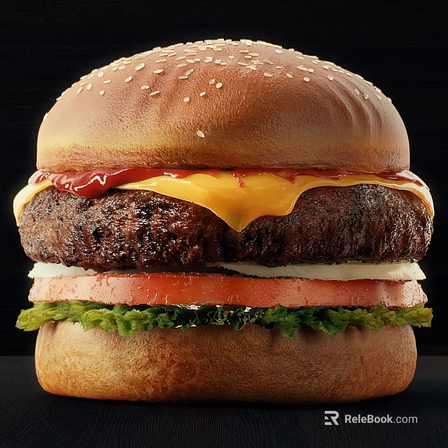 Juicy Cheesy Hamburger With Sesame Seed Bun Fresh Tomato Slices And Crispy Lettuce 3d model 