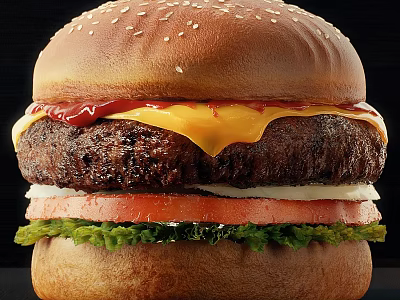 Juicy Cheesy Hamburger With Sesame Seed Bun Fresh Tomato Slices And Crispy Lettuce 3d model