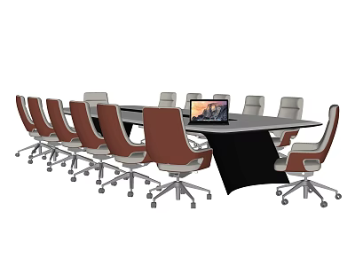 Modern Conference Table With Brown Gray Office Chairs And Laptop For Professional Meeting Setup 3d model