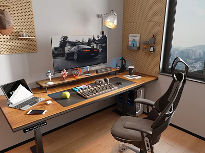 Modern Computer Workspace Setup With Monitor Keyboard Mouse And Office Chair 3d model