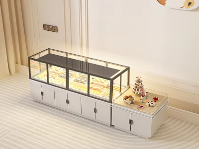 White Glass Display Cabinet With Multiple Doors And Dessert Items For Shop 3d model