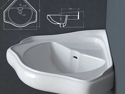 White Ceramic Corner Sink With Technical Design Drawings And Dimensions 3d model