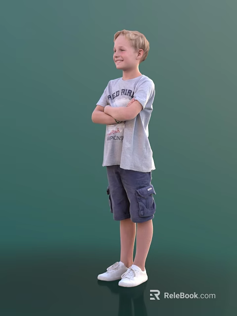 Man in Gray T-shirt and Blue Cargo Shorts Standing with Arms Crossed Against Green Background 3d model 