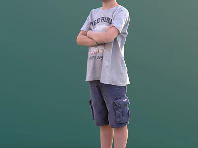Man in Gray T-shirt and Blue Cargo Shorts Standing with Arms Crossed Against Green Background 3d model