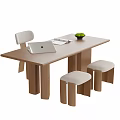 Modern Wooden Table and Chair Set With Laptop Notebook Green Bowl and Stools