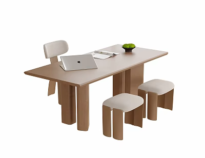 Modern Wooden Table and Chair Set With Laptop Notebook Green Bowl and Stools 3d model