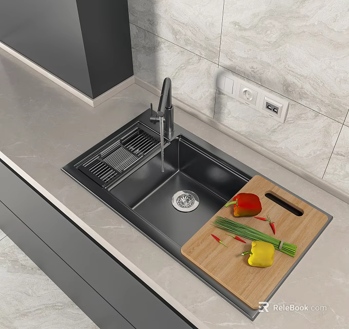 Modern Kitchen Sink with Faucet Wooden Cutting Board and Red Yellow Peppers on Countertop 3d model 