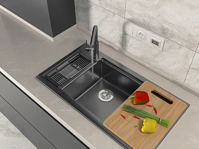 Modern Kitchen Sink with Faucet Wooden Cutting Board and Red Yellow Peppers on Countertop 3d model