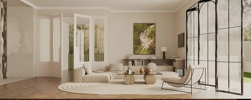 Cozy Modern Living Room With Beige Sofa Round Rug And Decorative Painting 3d model 