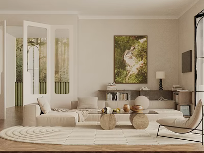 Cozy Modern Living Room With Beige Sofa Round Rug And Decorative Painting 3d model